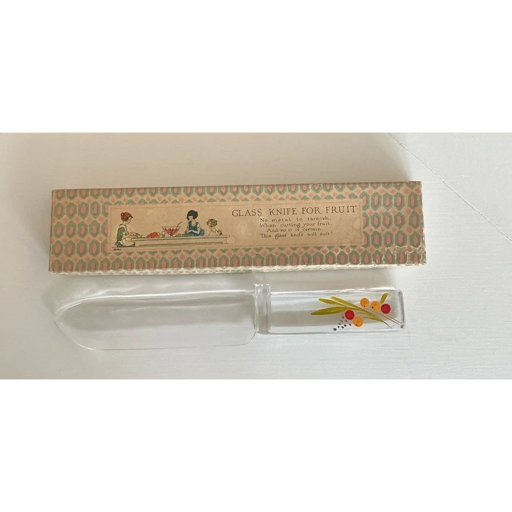 Vintage Painted Fruit & Flowers Clear Glass Fruit/Cake Knife In Original Box